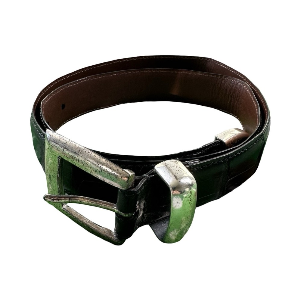 Bespoke Black Genuine Crocodile Metal Buckle Mens Belt Size 34 Made in USA